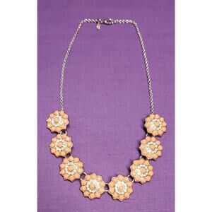 Premier Designs Coral Colored Flower Station Necklace, with clear rhinestones